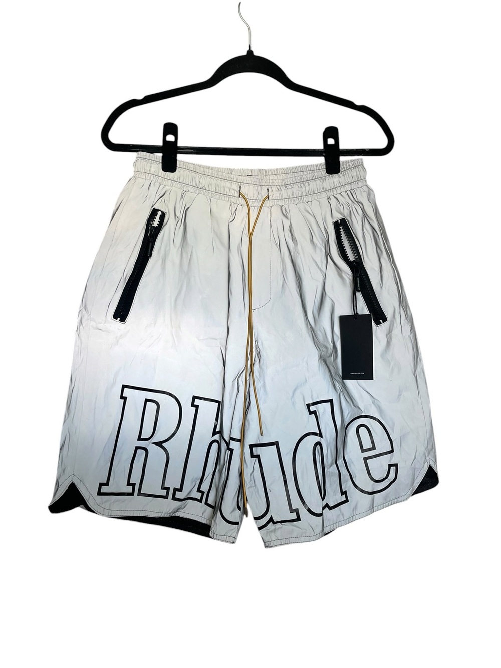 RHUDE White Logo Drawstring Athletic Shorts with Black Zippers